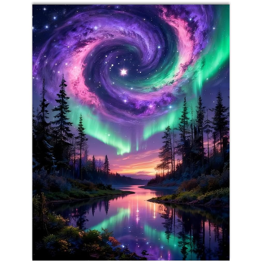 HASTHIP® Aurora Galaxy Landscape DIY Diamond Painting Kit, Full Drill Northern Lights Forest Lake Art Set with Pre-Printed Canvas & Tools, Relaxing Stress Relief Craft Home Wall Decor Gift 40×30cm