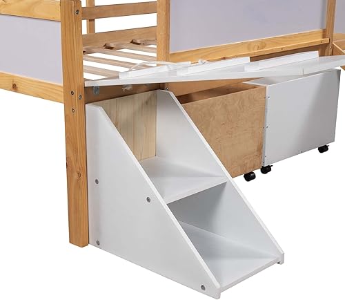 Miniatura 6 de TMEOSK Cama alta individual baja con 2 cajas de almacenamiento y tobogán cama loft de madera multifuncional con pizarra y escalera de escalada para