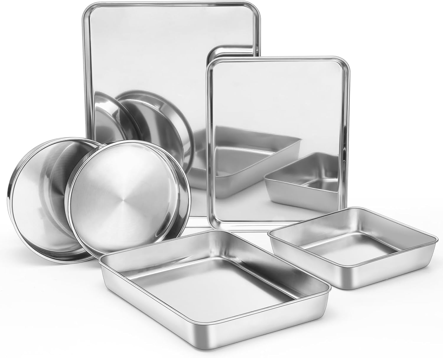E-far 9-Piece Baking Pan Set, Stainless Steel Bakeware Sets for Sheet Cake Cookie Loaf Muffin, Include Baking Sheet, Round Square Rectangle Baking Pan & Cooling Rack, Dishwasher Safe