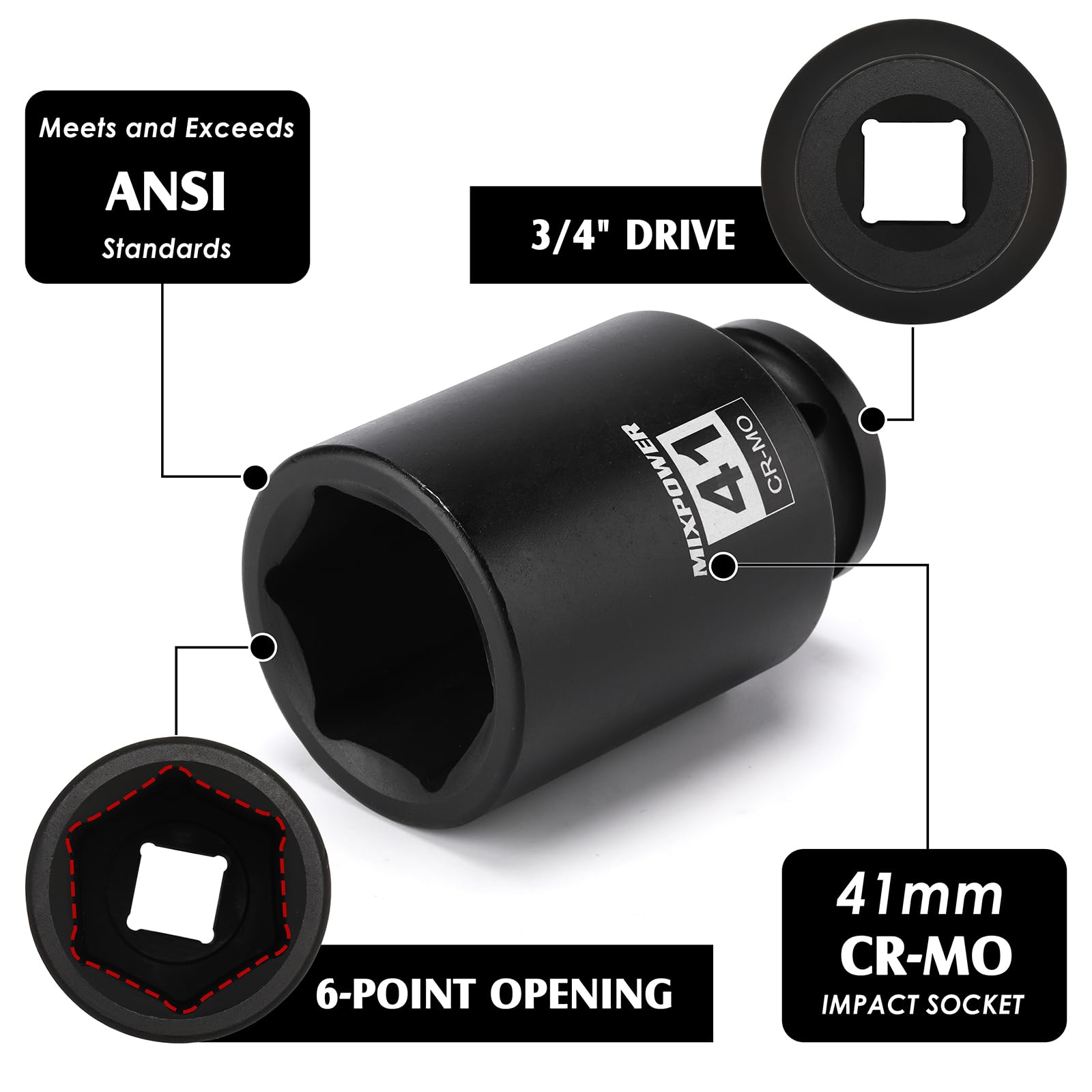 MIXPOWER 3/4" Drive Deep Impact Socket, CR-MO, 41mm, Metric, 6 Point, Axle Nut Impact Grade Socket for Easy Removal - Image 2