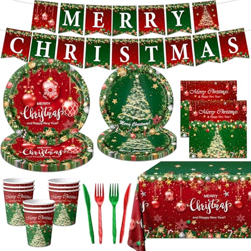 Christmas Party Decorations Dinnerware Set, 142Pcs Red and Green Merry Christmas Plates and Napkins,Cups,Banner, Shine Claus Tree Tablecloth for Winter Holidays Xmas Party Supplies