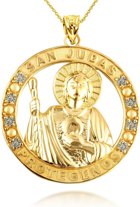 10K Yellow, White, or Rose Gold Medalla De San Judas Protegenos Saint St. Jude Patron CZ Medal Pendant Necklace