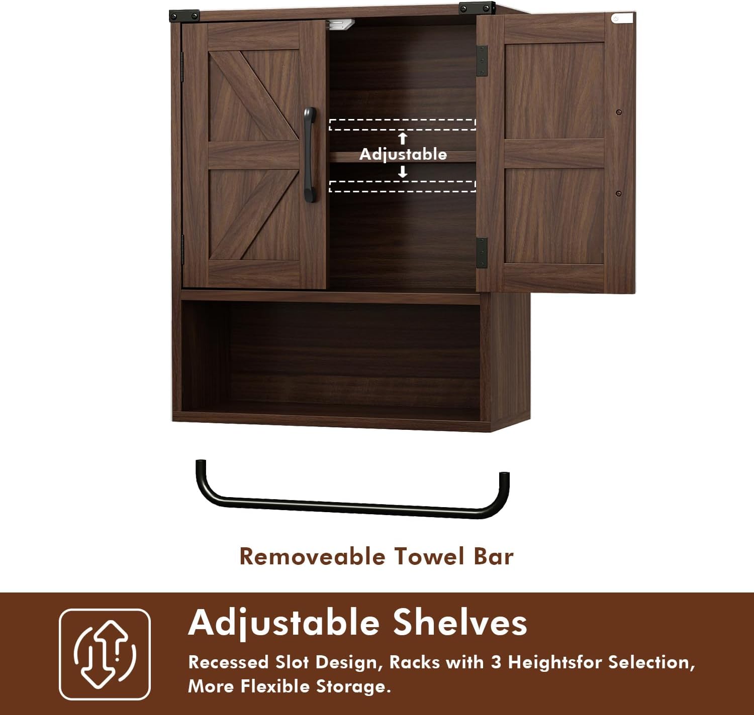 RUSTOWN Farmhouse Wall Storage Cabinet with Two Barn Door, Rustic Mounted Medicine Cabinet with Adjustable Shelf and Towel Bar, 3-Tier Wood Cabinet for Kitchen, Bathroom, Living Room (Dark Walnut)
