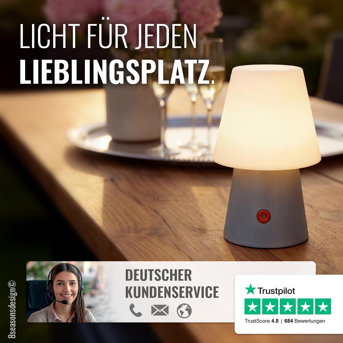 8 seasons design Akku Tischlampe, Outdoor geeignet - No. 1 30 cm, grau, kabellos - LED warmweiß - 3- stufig dimmbar, aufladbar über USB - Tischleuchte für außen (Garten, Balkon) und innen