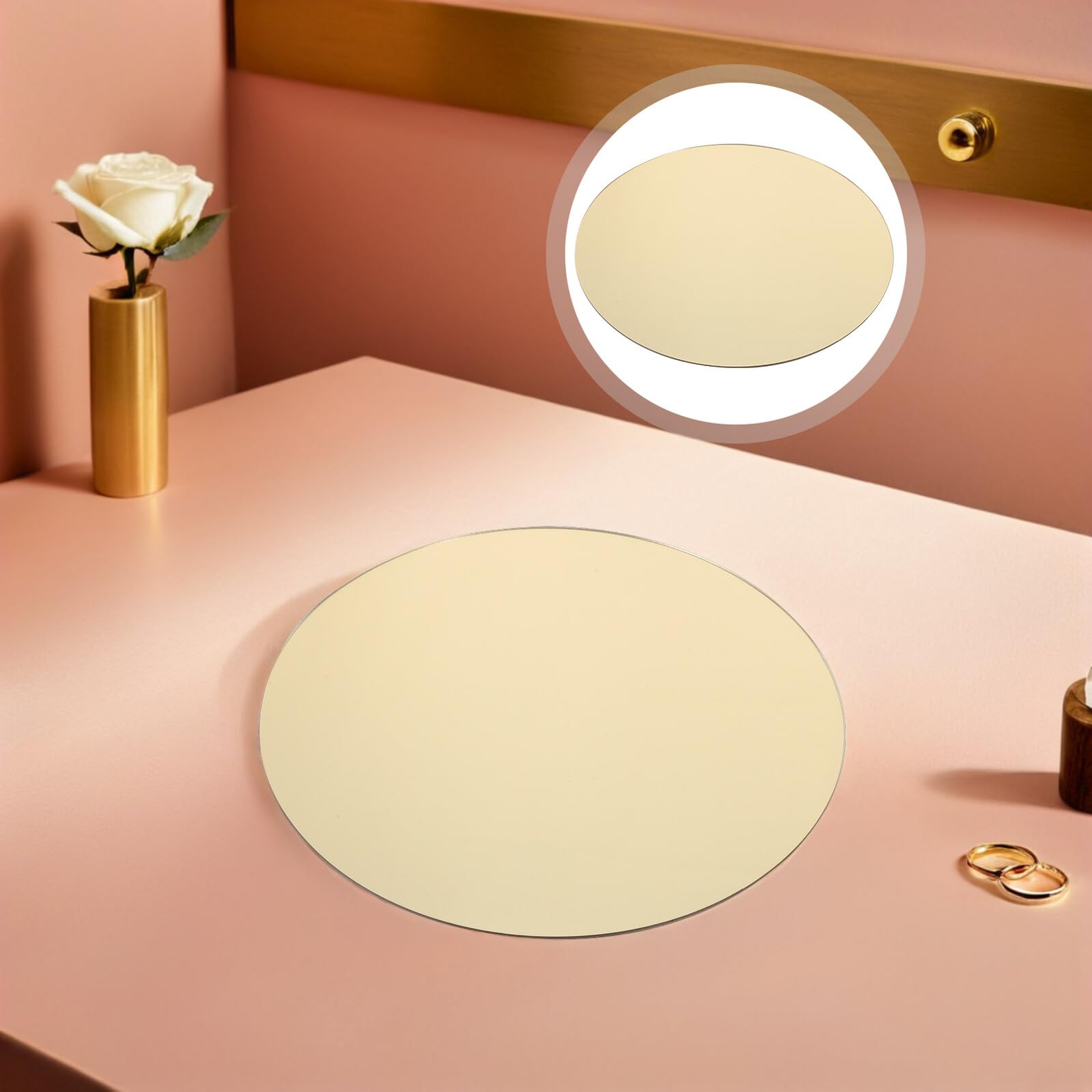 BESTonZON Vassoio Centrotavola Rotondo in Acrilico Oro 25 Cm Specchio Autoadesivo, Set 4 Pezzi per Decorazione Tavolo Matrimonio, Festa e Soggiorno, Porta Candele e Specchio