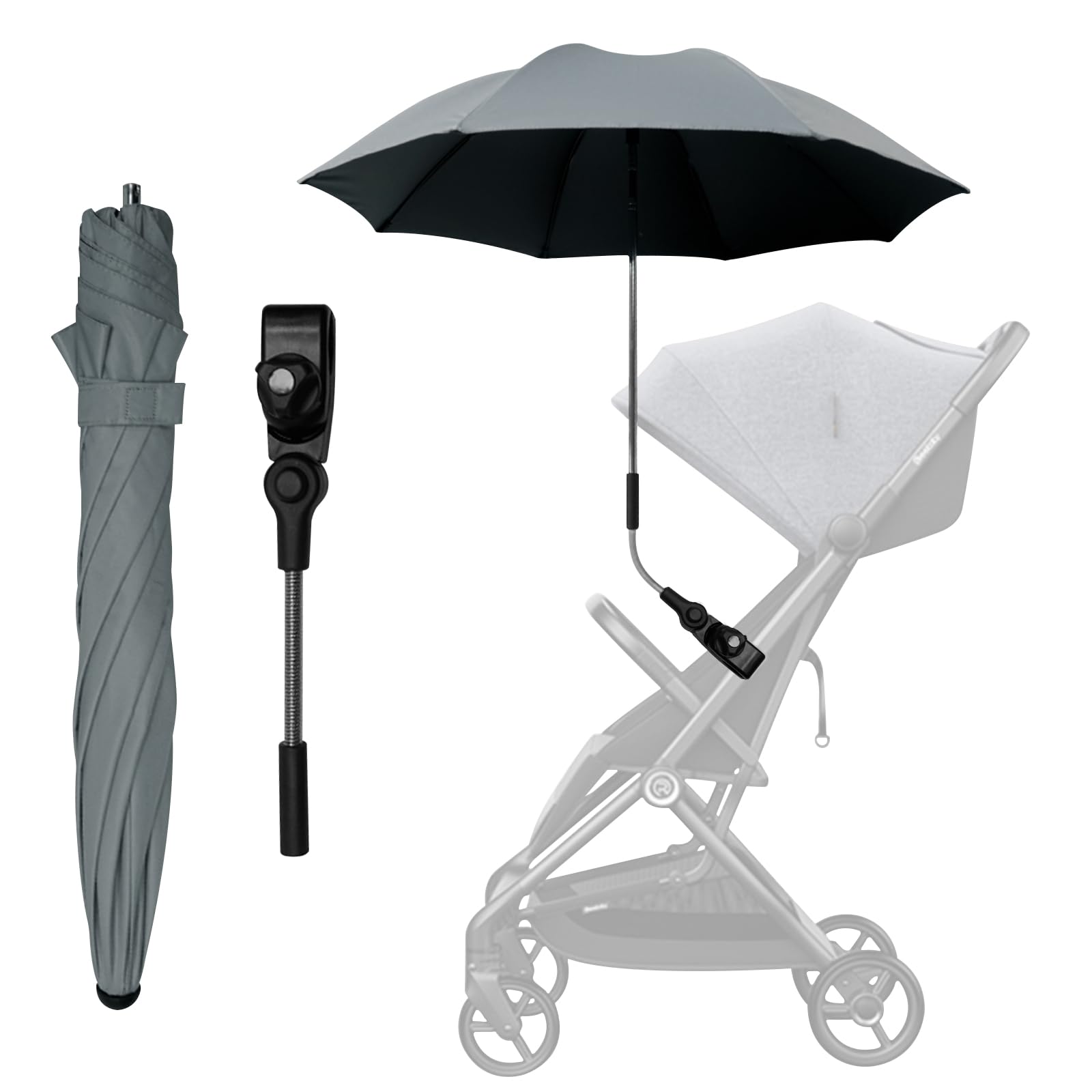 FINEVERNEK Sonnenschirm für Kinderwagen, kinderwagen Regenschirm 50+ UV, Kinderwagen sonnenschirm Regenschirm mit Regenschirmgriff, 73cm Durchmesser Universal sonnenschirm Buggy kinderwagen-Grau