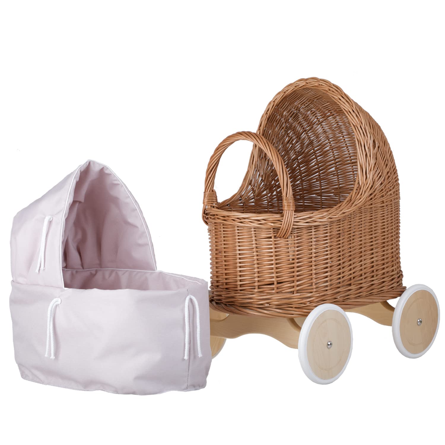 Korbpuppenwagen mit Holzuntergestell – Vintage-Stil, wunderschöne Dekoration für Fotoshootings (Pink)