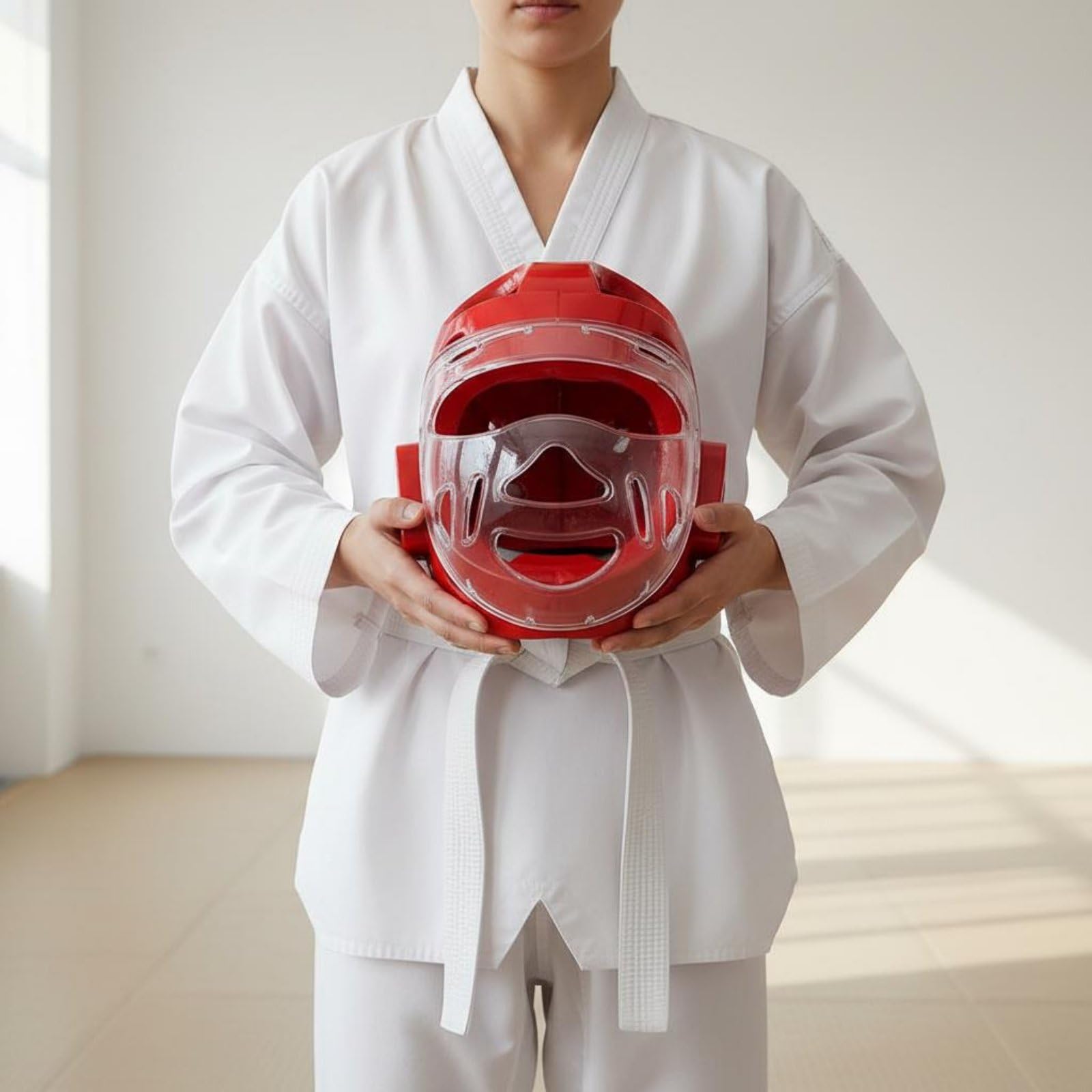 Gralara Casco Taekwondo con Maschera Integrale Paravisiera Trasparente Imbottitura Antiurto Mentoniera Elastica Stabilità Sicura Adatto per Allenamento Sparring Arti Marziali