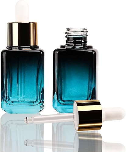 Miniatura 3 de COSIDEA 6pcs vacío gradiente azul cuadrado 1.0 fl oz 1oz botella cuentagotas de vidrio para envases de botellas de aceite de esencia de suero