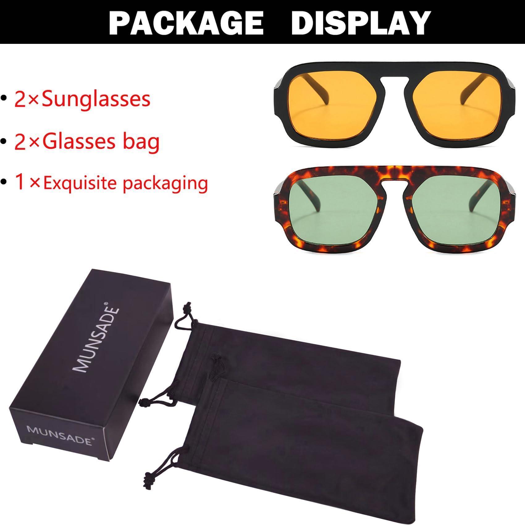 Gafas de sol de aviador cuadradas de moda para mujer, diseño con marco elegante, gafas de sol vintage, Paquete de 2 Negro/Naranja+Tortuga/Verde 5