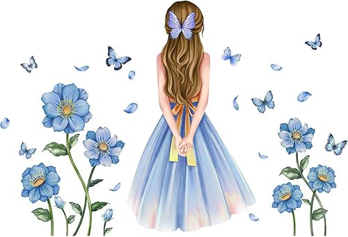 Pegatinas de pared de mariposa para niña, calcomanía de pared de hada de flores, flores azules, calcomanías de arte de pared extraíbles, arte de