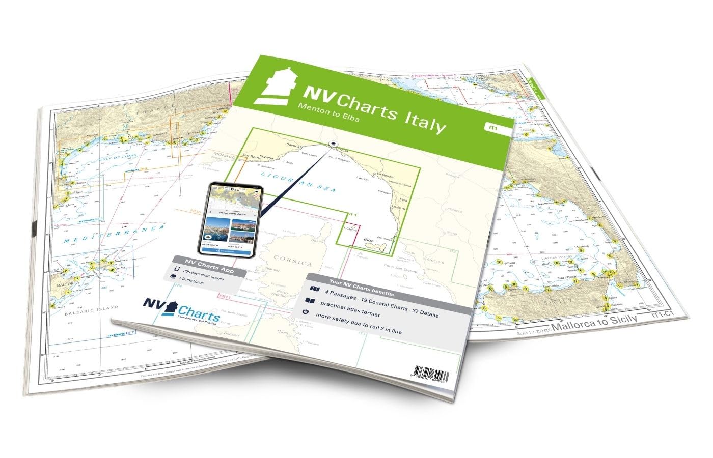 NV Atlas Italy IT 1 mit App Lizenz- Seekarte Italien - Menton to Elba mit Genua, Livorno und La Spezia