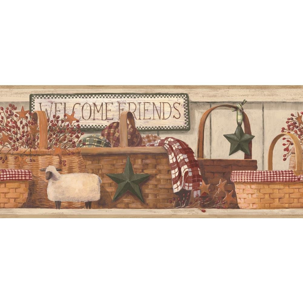 York Wallcoverings RF3607BD Country Book Baskets Border, Cream/Tan