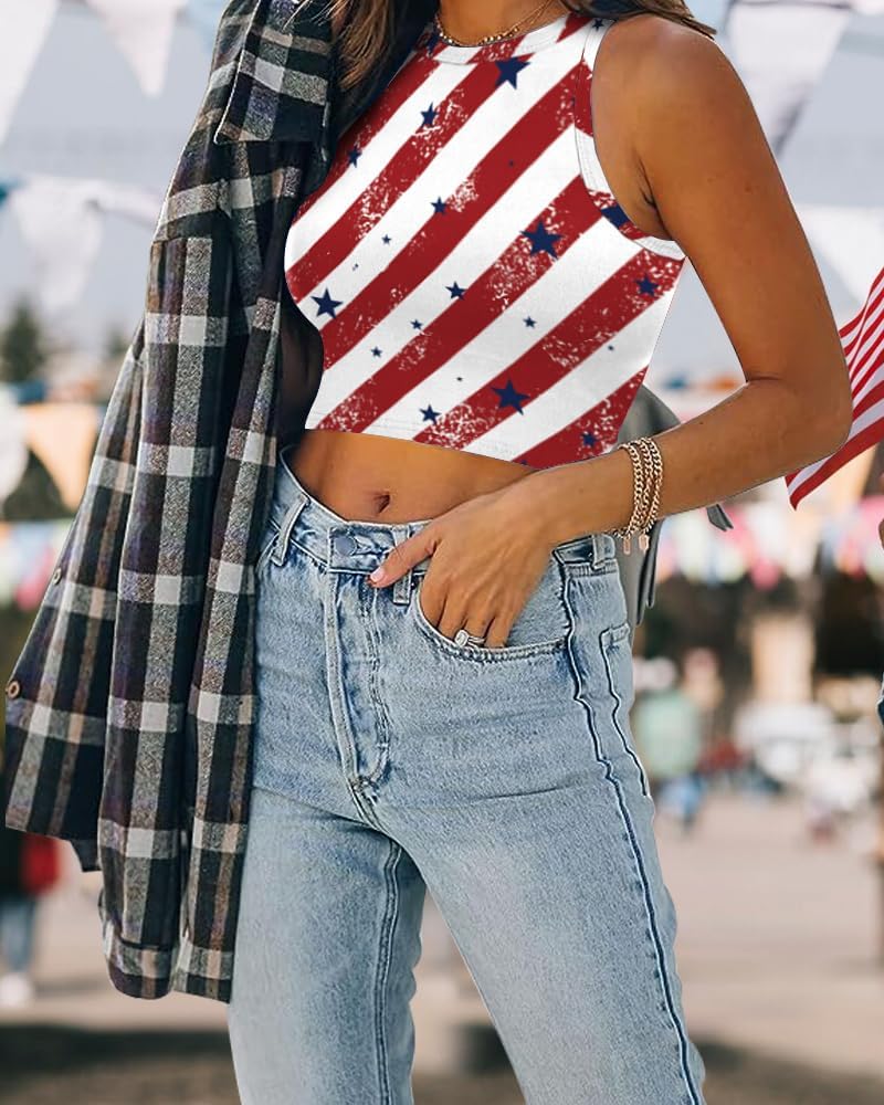 Eciodci Women's American Flag Crop Top USA Patriotic 4th of July Soft Summer Sleeveless USA Flag Crop Tank Tops for Women - Image 4