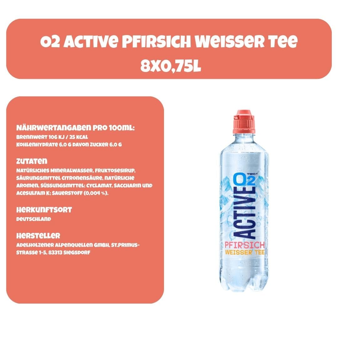 O2 Active Pfirsich Weißer Tee 8x 0,75l – Erfrischungsgetränk ohne Kohlensäure – sanft aromatisiert & kalorienarm – 8er Vorratspack