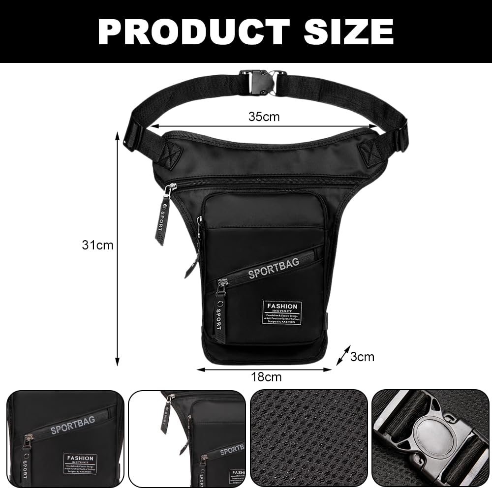 Pernera Moto, Bolsa Pierna Moto, Impermeable, de Nailon, para,otocicleta, con Cierre de Cremallera, para Hombres y Mujeres, Riñonera con Correas para Piernas Extraíbles para Ciclismo, Negro