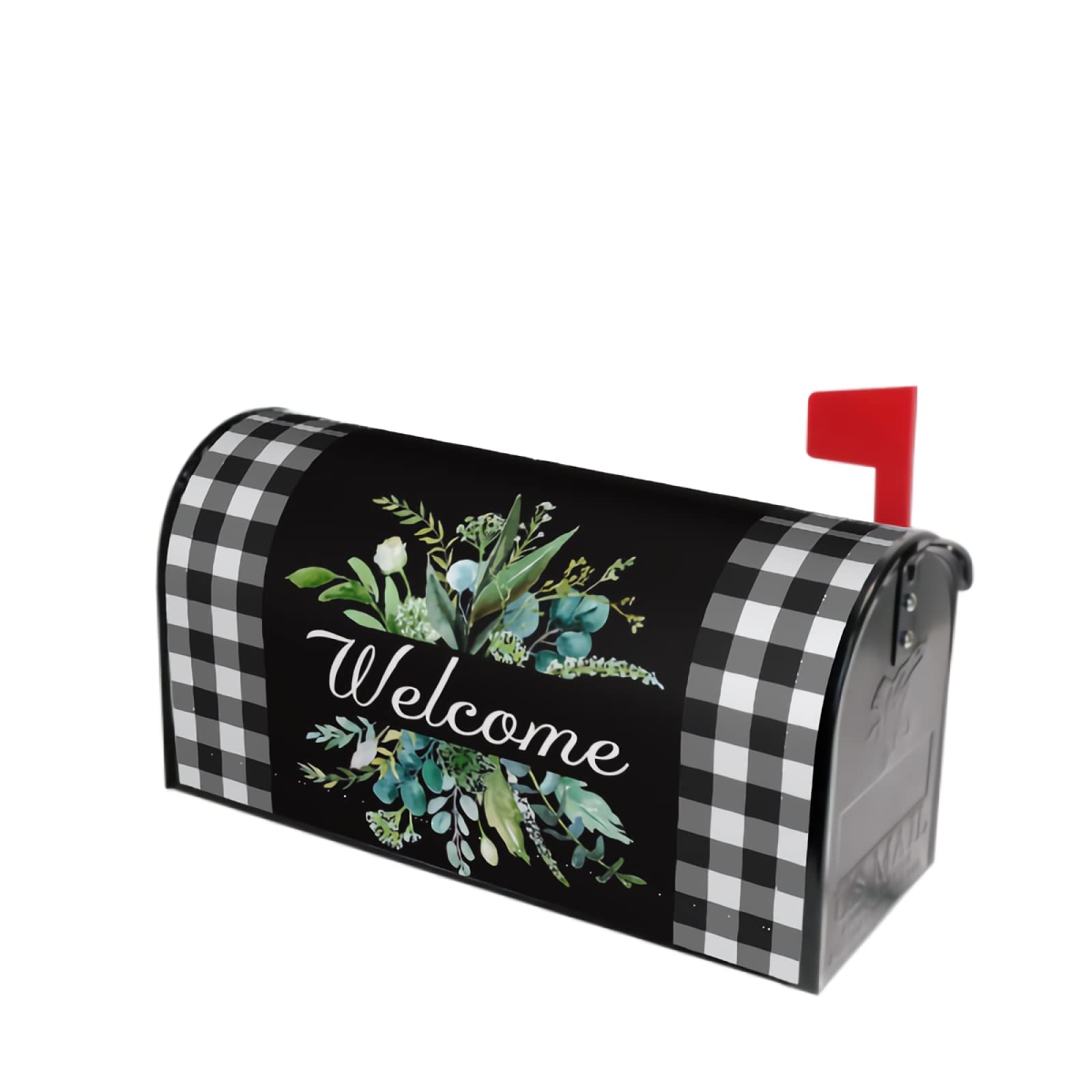 Kawani Buffalo Plaid Mailbox Cover - Black & White Plaid with Leaves - Magnetic Welcome - Standard Size 21 x 18 Inches-image-6