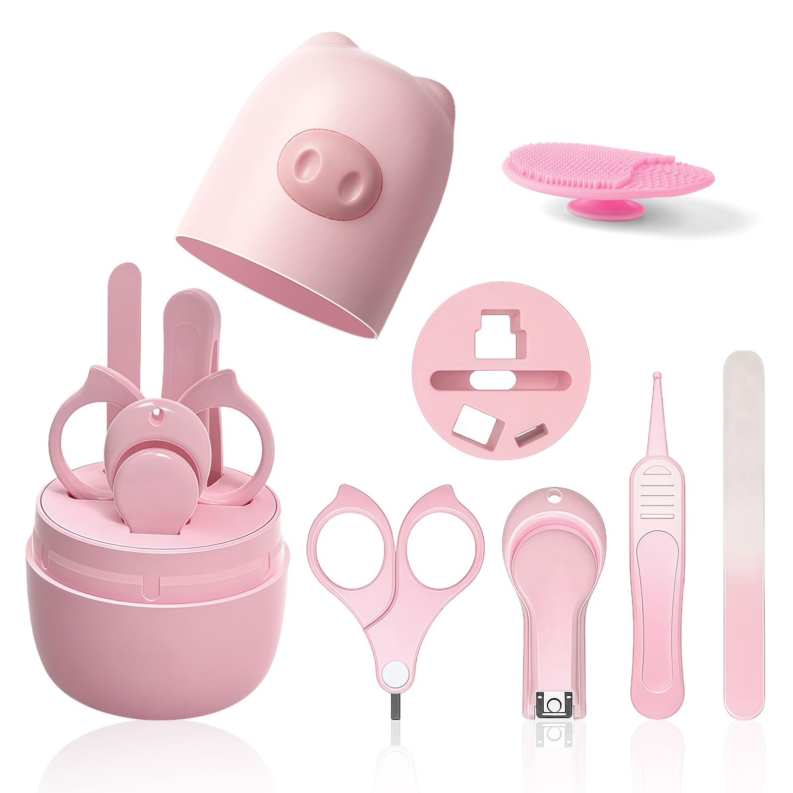 HAGOT 5-in-1 Babypflege Set mit Baby Nagelschere, für Fingernägel und Fußnägel, mit Nagelknipser, Nagelschere, Nagelfeile, Nasenpinzette und Silikonbürste, Rosa