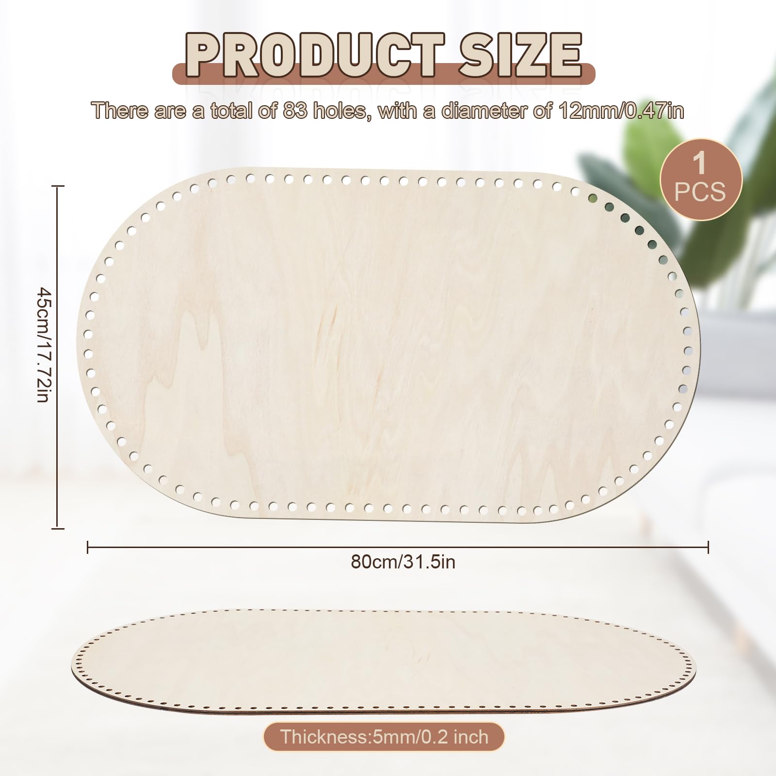 Pavimento in vimini per uncinetto, pavimento in legno per cestino all'uncinetto, vimini in legno naturale, decorazione per la casa, fai da te (80 x 45 cm, 12 mm)