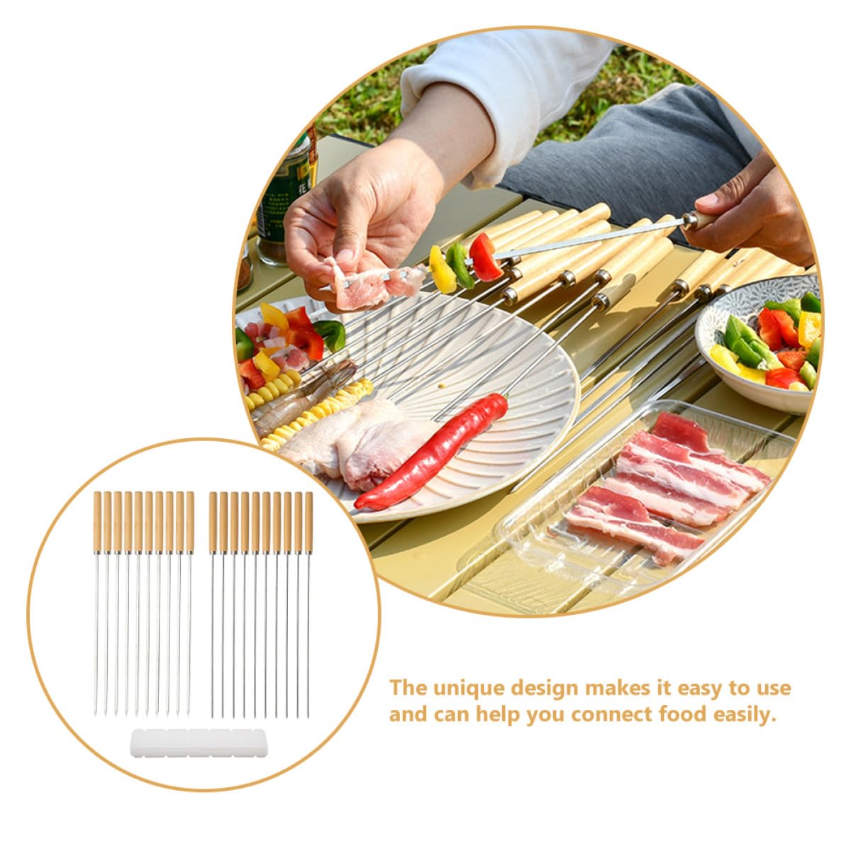 Brochetas de Barbacoa 21 Piezas de Acero Inoxidable Mango de Madera | Juego Completo, Fácil de Transportar y Guardar, para Hogueras y Fiestas Incluye Accesorio Maker
