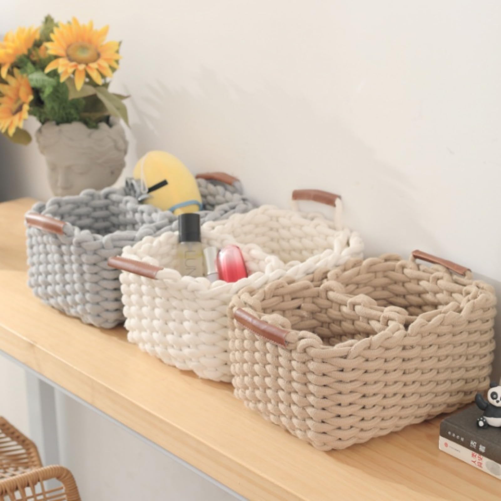 3 Cestini in cotone intrecciato, Cestini portaoggetti bagno, Cestino di stoccaggio portatile in corda di cotone, Piccoli cestini per fasciatoio, Organizer per calze, asciugamani, chiavi, gioielli