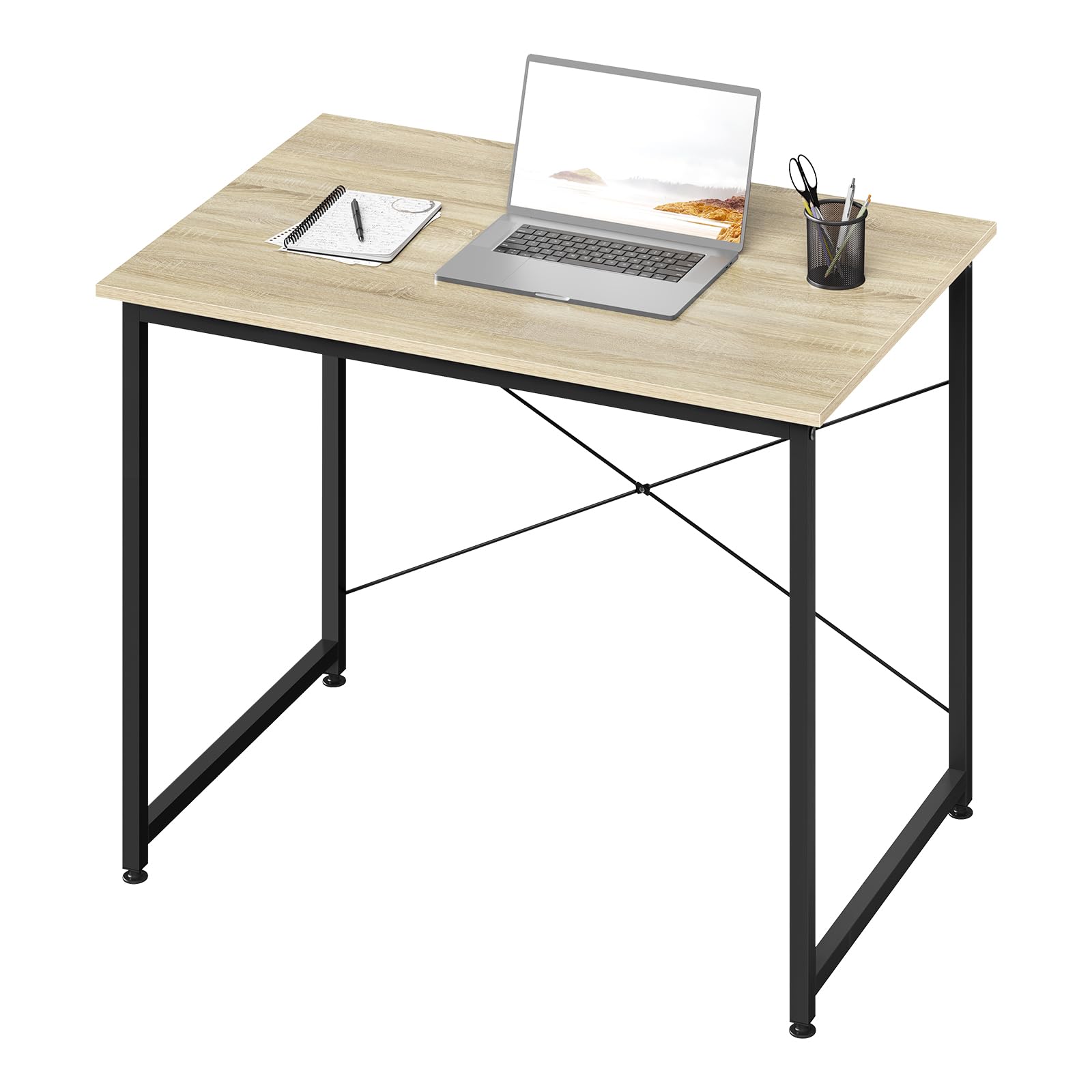WOLTU Bureau d'Ordinateur, Table Informatique, 80x60x70cm, Chêne Clair+Noir | avec Piétement Métallique, pour Bureau, Salon, Chambre, en Bois Composé