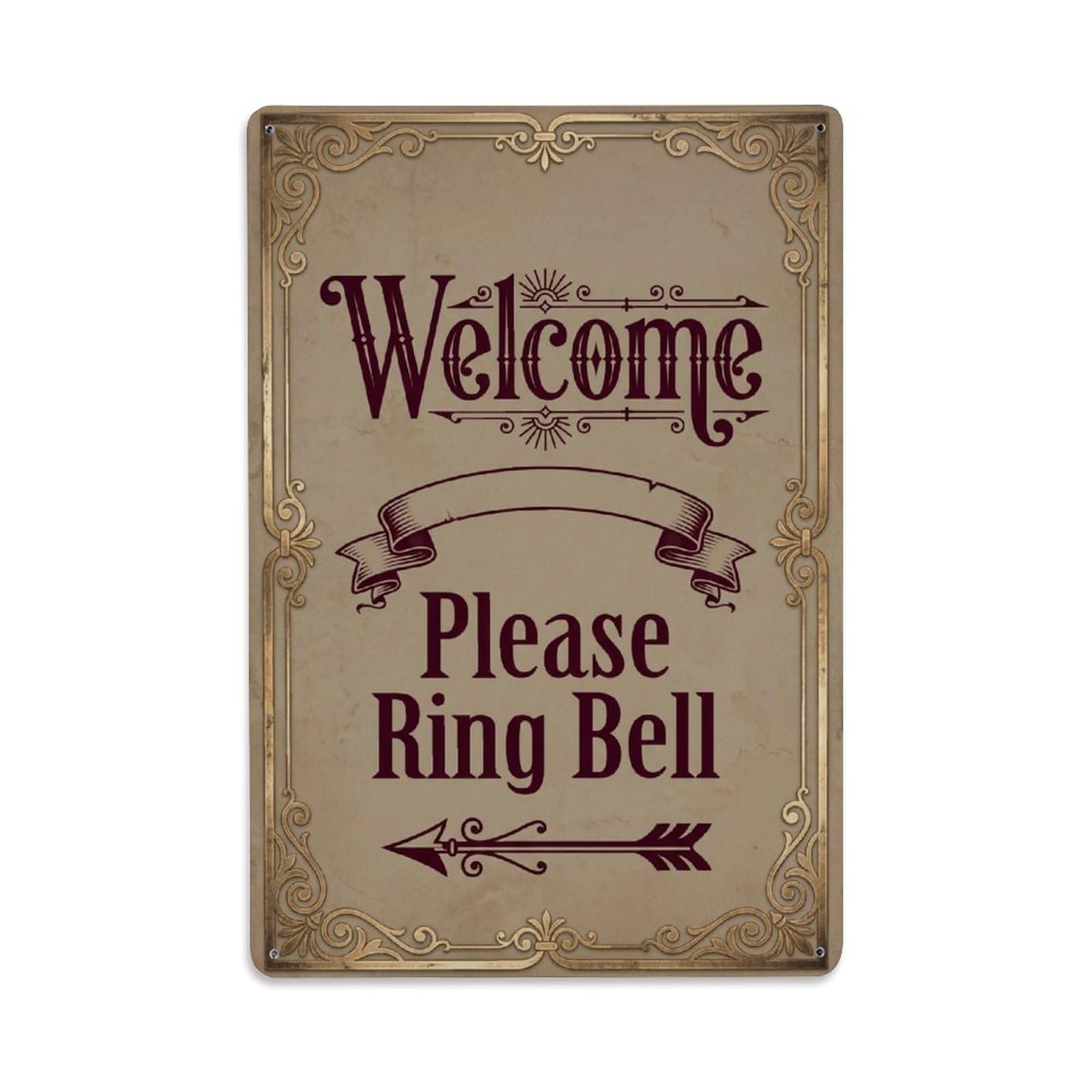 Metal Tin Sign Vintage Welcome Please Ring Bell Arrow Ribbon