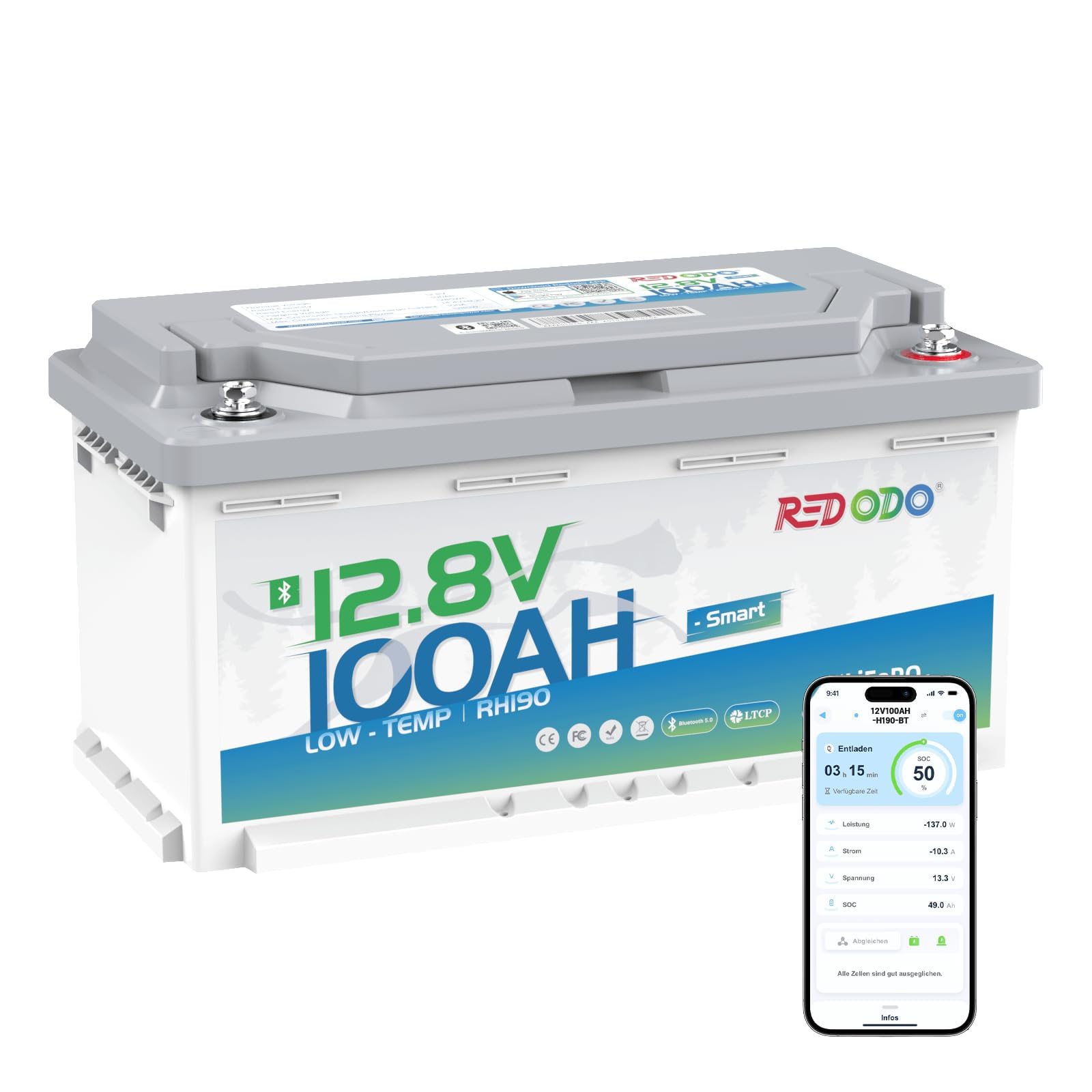 Redodo LiFePO4 bateria litowa 12,8 V 100 Ah H188 mm bateria litowa 4000 + cykli z funkcją ochronną 100 A BMS idealny do większości typów samochodów kempingowych UE, instalacji solarnych, na kemping,