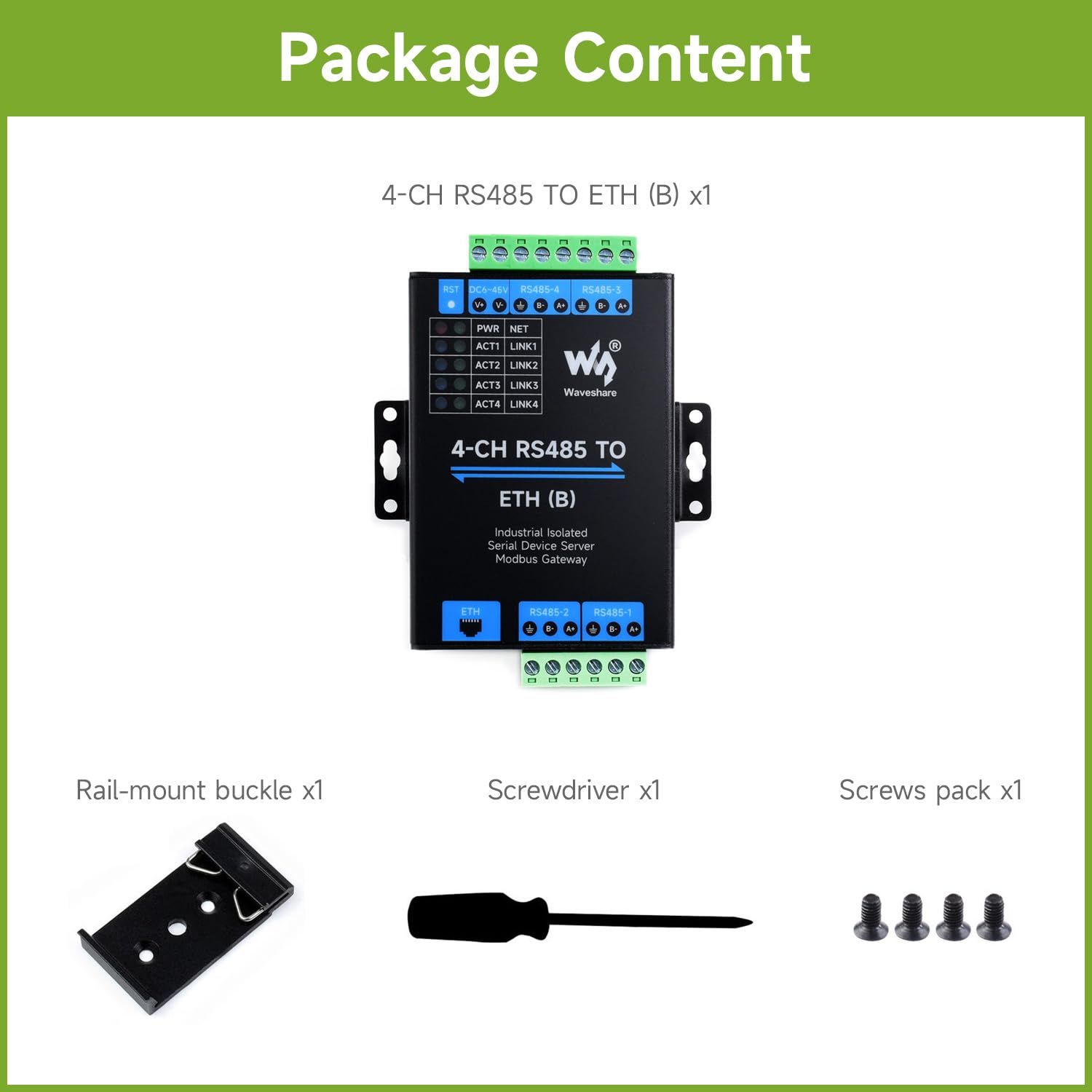 Waveshare 4-Ch RS485 to RJ45 Ethernet Serial Server Modbus Gateway