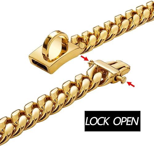 Miniatura 3 de Collar de oro, eslabones cubanos, para perro, con hebilla de seguridad, acero chapado en oro de 18quilates, collar para perros medianos y grandes