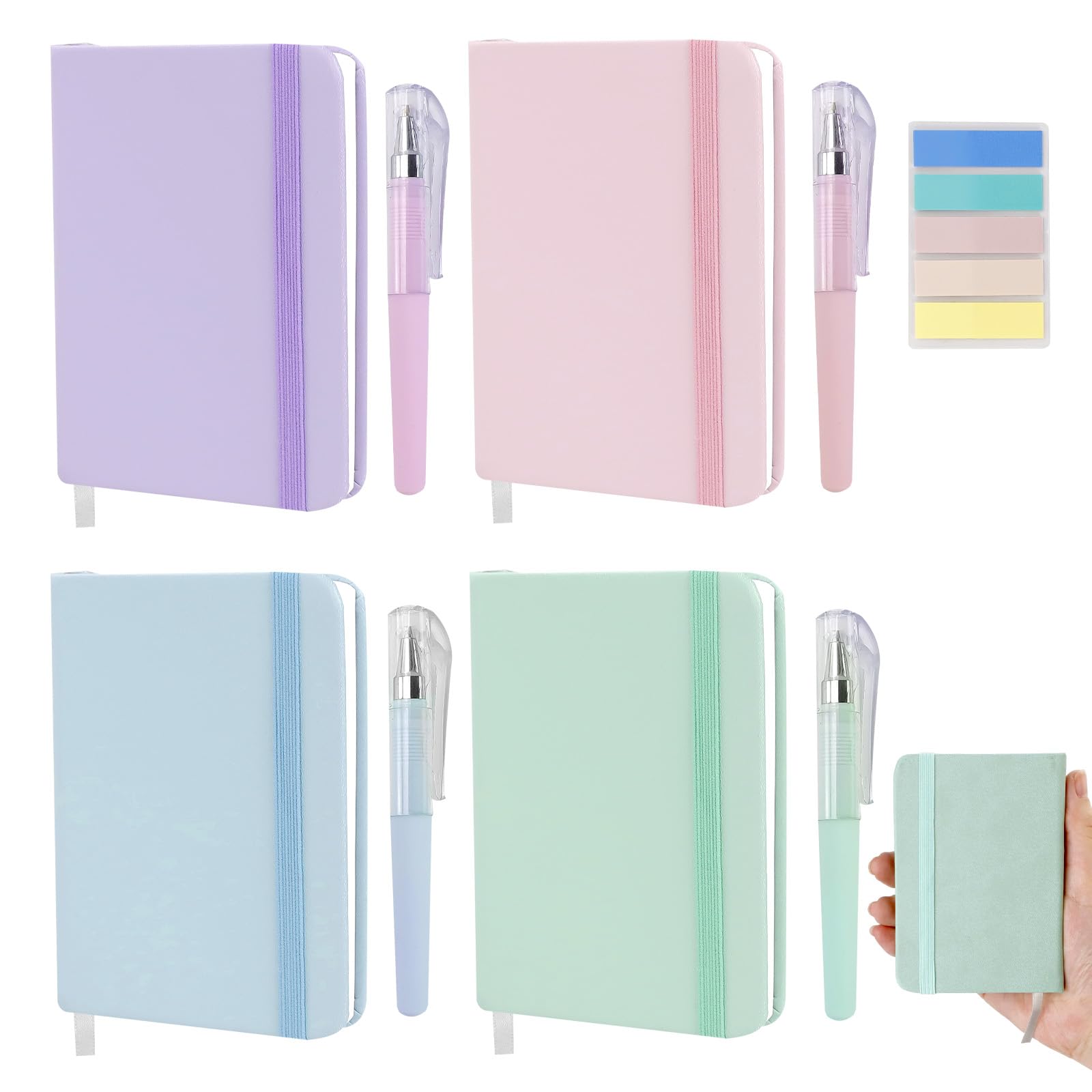 SHILIPAIJC 4pcs Pocket Notebook, A7 Notebook Small Notebooks Pocket Size with Pens and Sticky Tabs, PU Leather Mini Notepads Field Notes Journal Notebook with Elastic Band for School, Work (192 Pages)