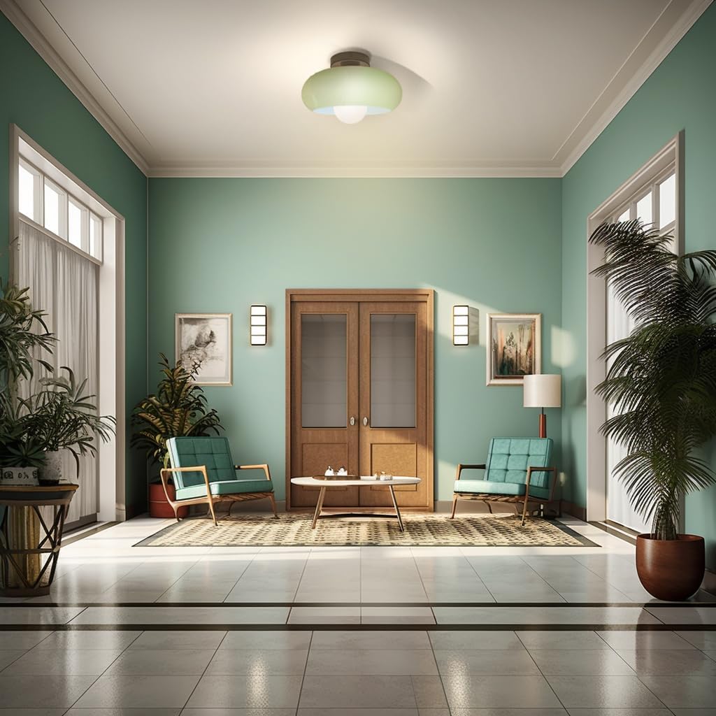 Mid-Century Modern Semi Flush Mount Ceiling Light, Kitchen Ceiling Light Fixture with Glass Shade,Vintage Close to Ceiling Lamp for Entryway Hallway Bathroom(Green lampshade-Silvery lamp holder)