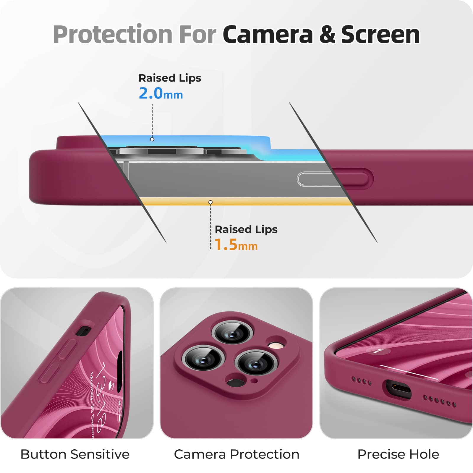 GOODVISH 3 in 1 Cover per iPhone 14 Pro Max Silicone per 6,7", con 2 Pezzi di Pellicola Protettiva, iPhone 14 Pro Max Custodia per Cellulare Antiurto Resistente 360° Protezione, Vino Rosso