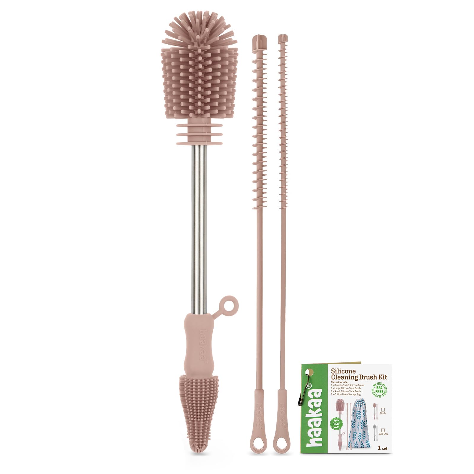 Haakaa Silicone Cleaning Brush Kit - Baby Bottle Brush Cleaner for Breast Pump,Nipple,Breast Milk Storage Bag,Reusable Straw,Sippy Cup - Food Grade