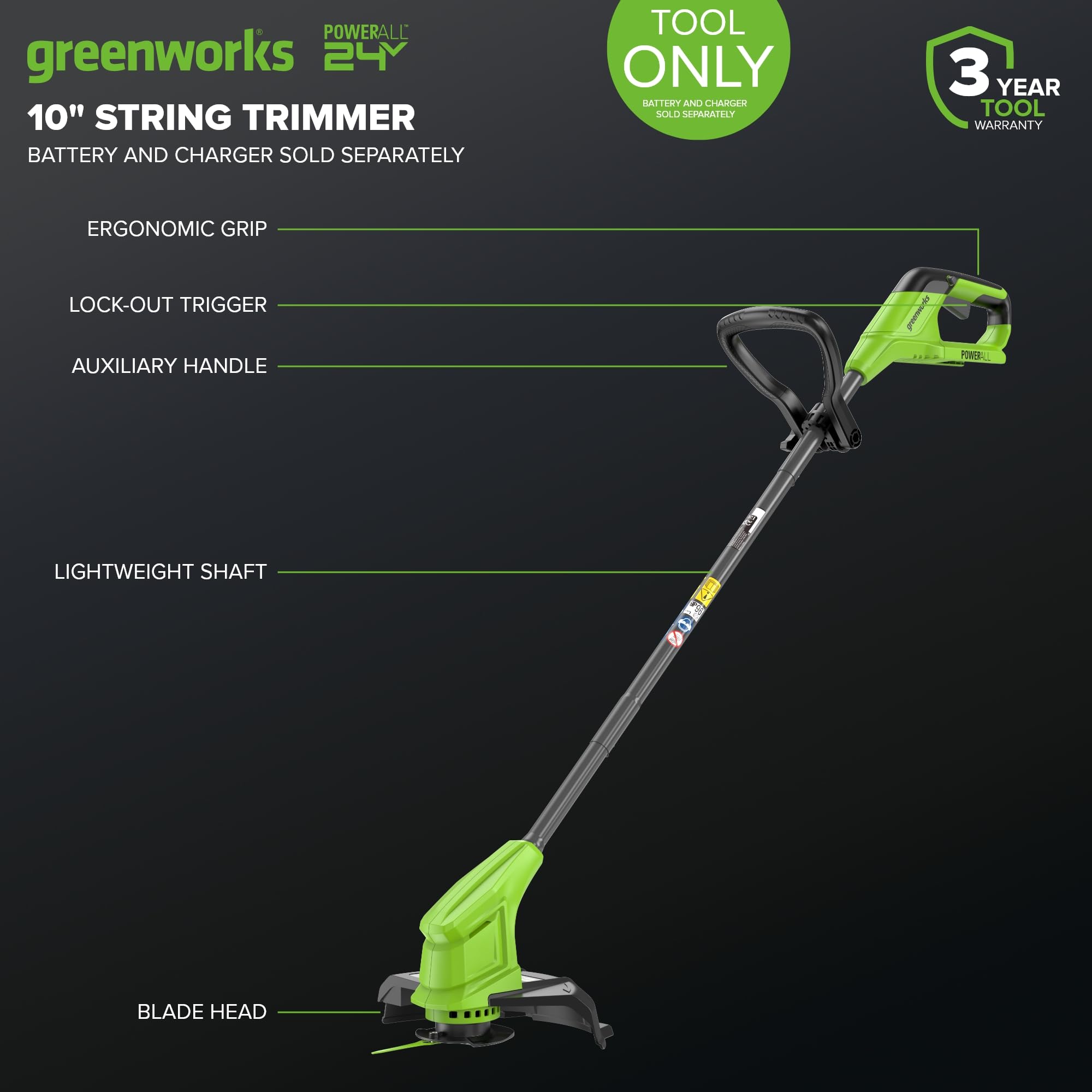 Greenworks Podkaszarka do trawy 24 V z akumulatorem do małych i średnich ogrodów, regulacja wysokości, szerokość cięcia 25 cm, w zestawie 20 ostrzy z tworzywa sztucznego, bez akumulatora i ładowarki