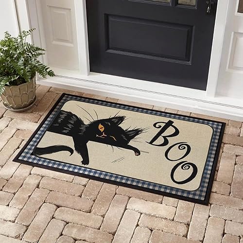 Miniatura 2 de Tapete decorativo de bienvenida de gato negro de Halloween, 17 x 29 pulgadas, antideslizante y lavable, tapete de goma trasera de goma para