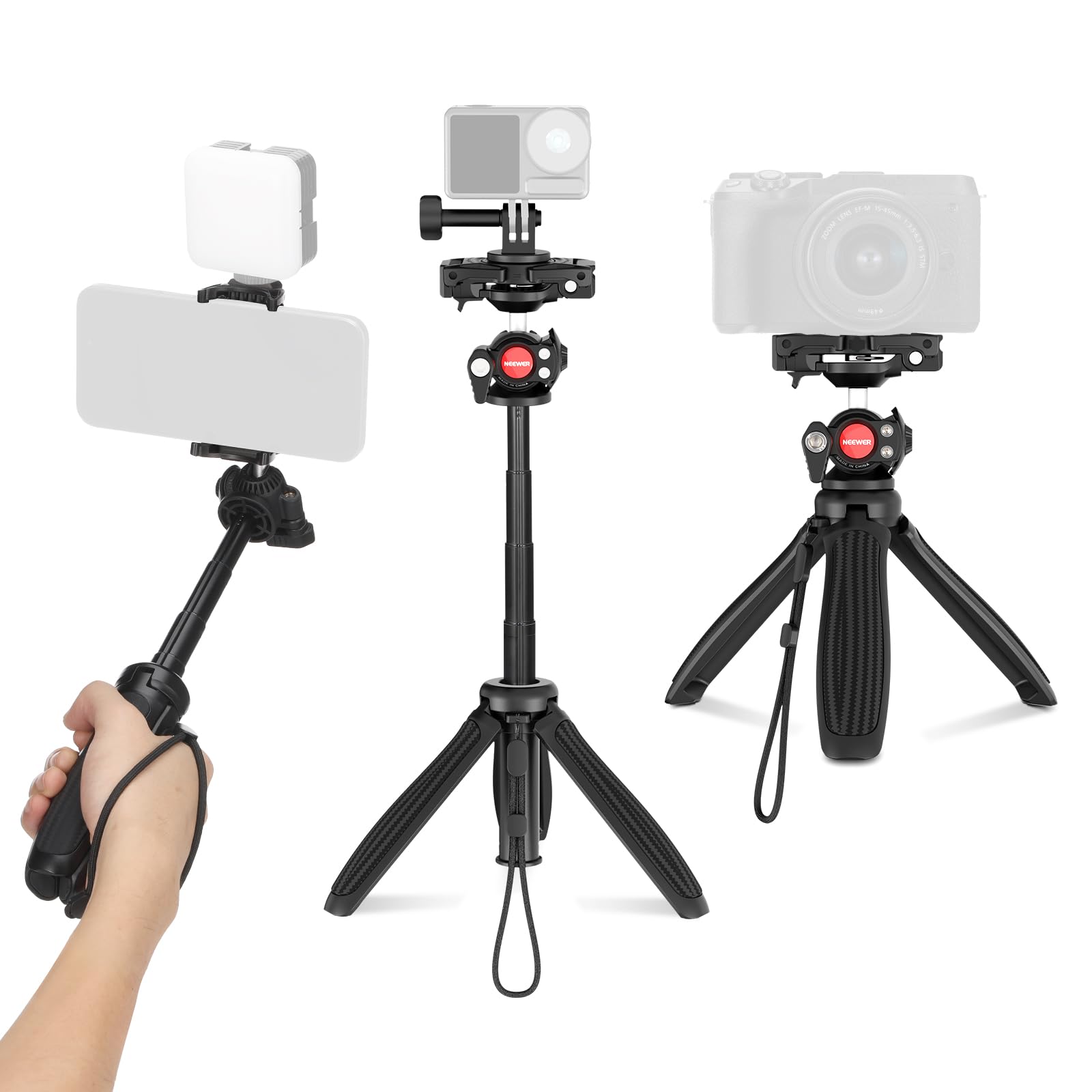 NEEWER TP38 Statyw do aparatu do telefonu, 38.1 cm, wysuwany metalowy statyw do selfie z uchwytem na telefon, adapter do kamery sportowej kompatybilny z Hero 12, 11, 10, 9, statyw podróżny z głowicą