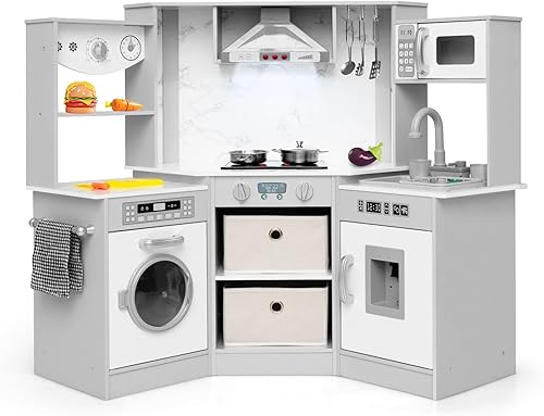 INFANS Juego de cocina esquinera para niños, juego de cocina de madera para niños pequeños con circulación de agua, estufa de sonido de luz