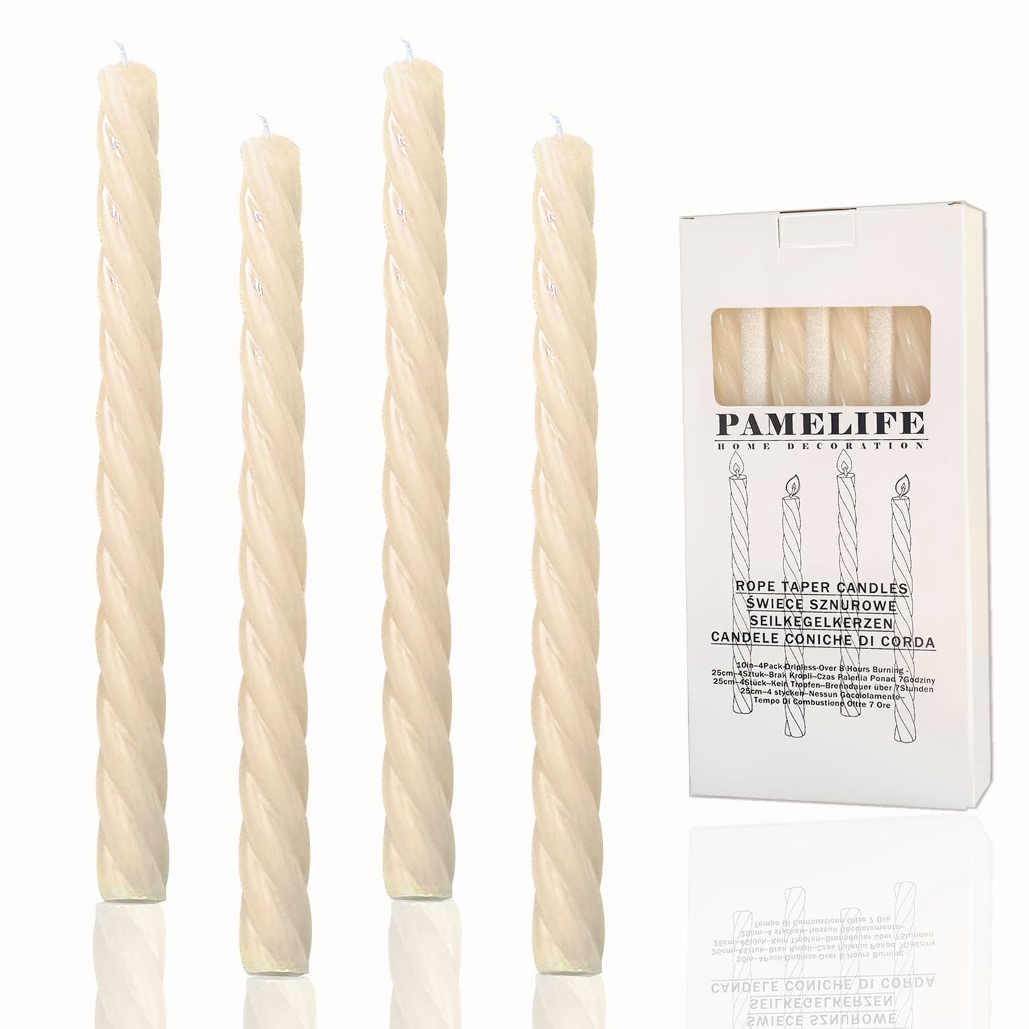PAMELIFE Taper Candle White Ivory Spiral Candlestick Tall Tapered Candles Twisted Candlesticks for Table Decor Housewarming Gift Idea-10inch,4pcs dripless tapercandles