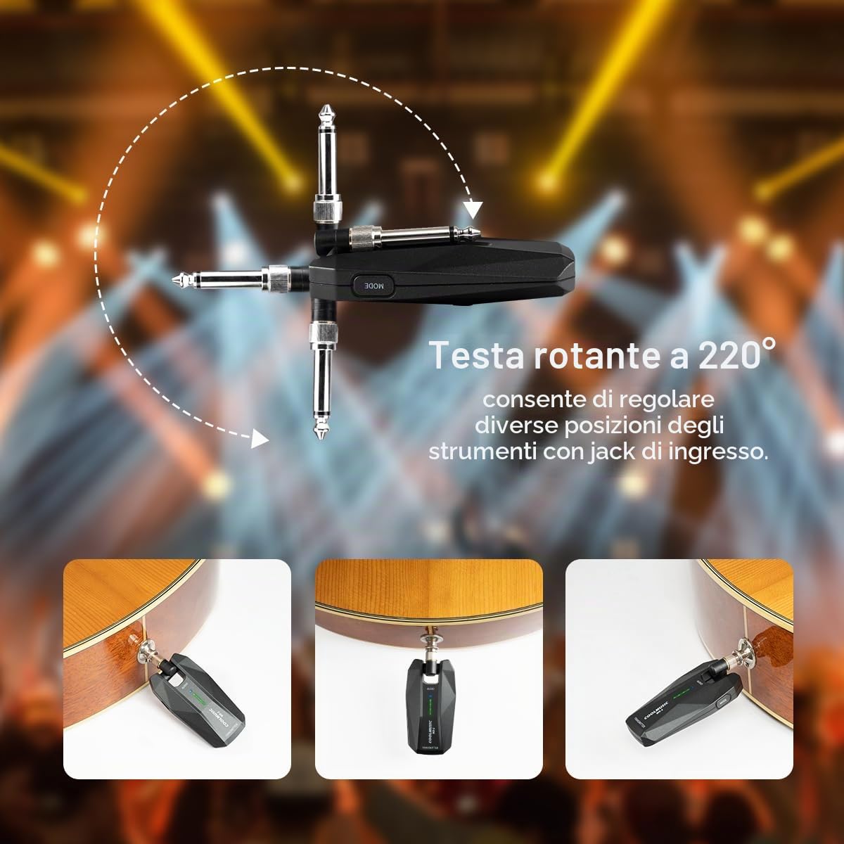 Coolmusic WS1 Sistema per chitarra stereo wireless da 5,8 GHz con prese per strumenti da 1/4" e 1/8", ricaricabile, per chitarra, tastiera, basso