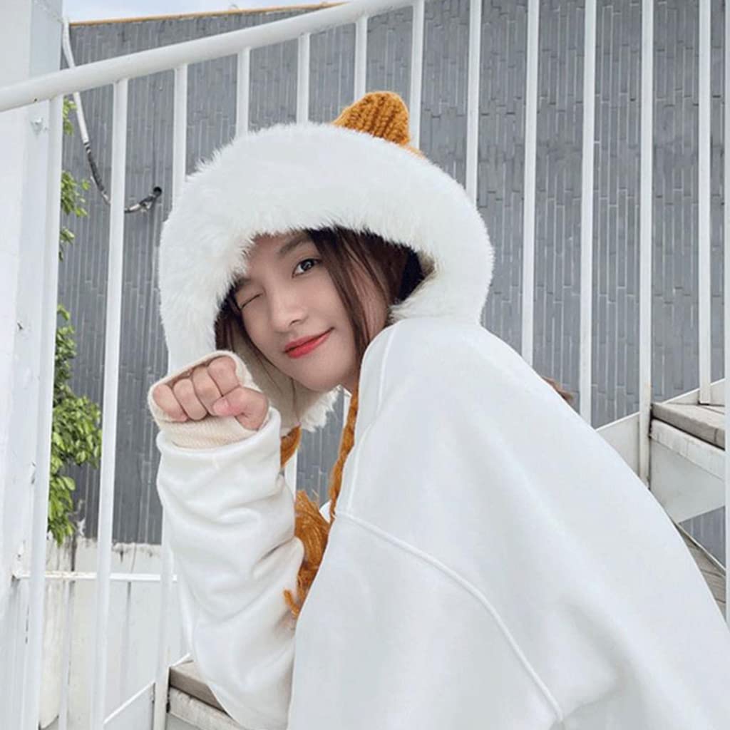 Lovely for Cat Ear Hat Braid Plush Lei Hat Winter Hat Both for Women Men Earmuffs Thick Warm Cold Red