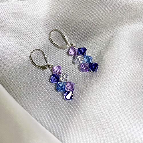 Shimmering Multicolor Austrian Crystals Leverback Handmade Drop Earrings With Secure Sterling Silver #TOP2