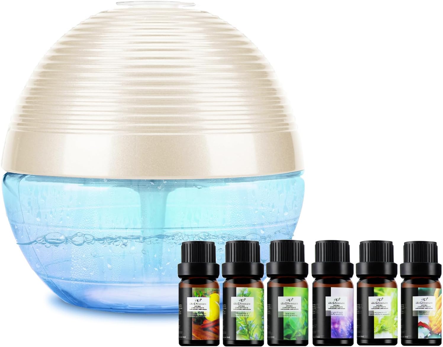 Water-Based Purifier Air Washer, Revitalizer with 6 Colorful lights- Tea Tree, Bergamot, Rosemary, Lavender, Lemon, Peppermint, 10ml Each
