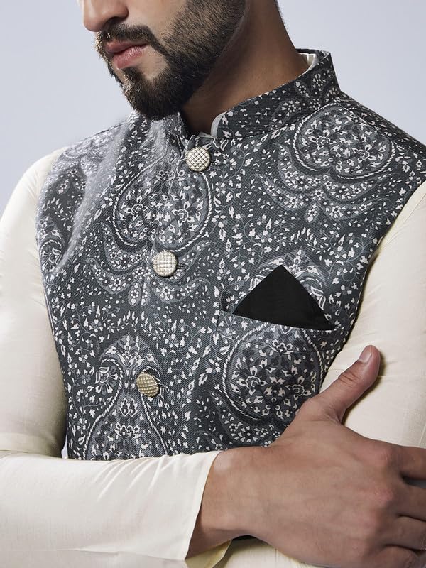 Image of Kisah Men's Silk Blend Printed Nehru Jacket Regular Fit | Designer Ethnic Layering | Wedding & Occasion Wear