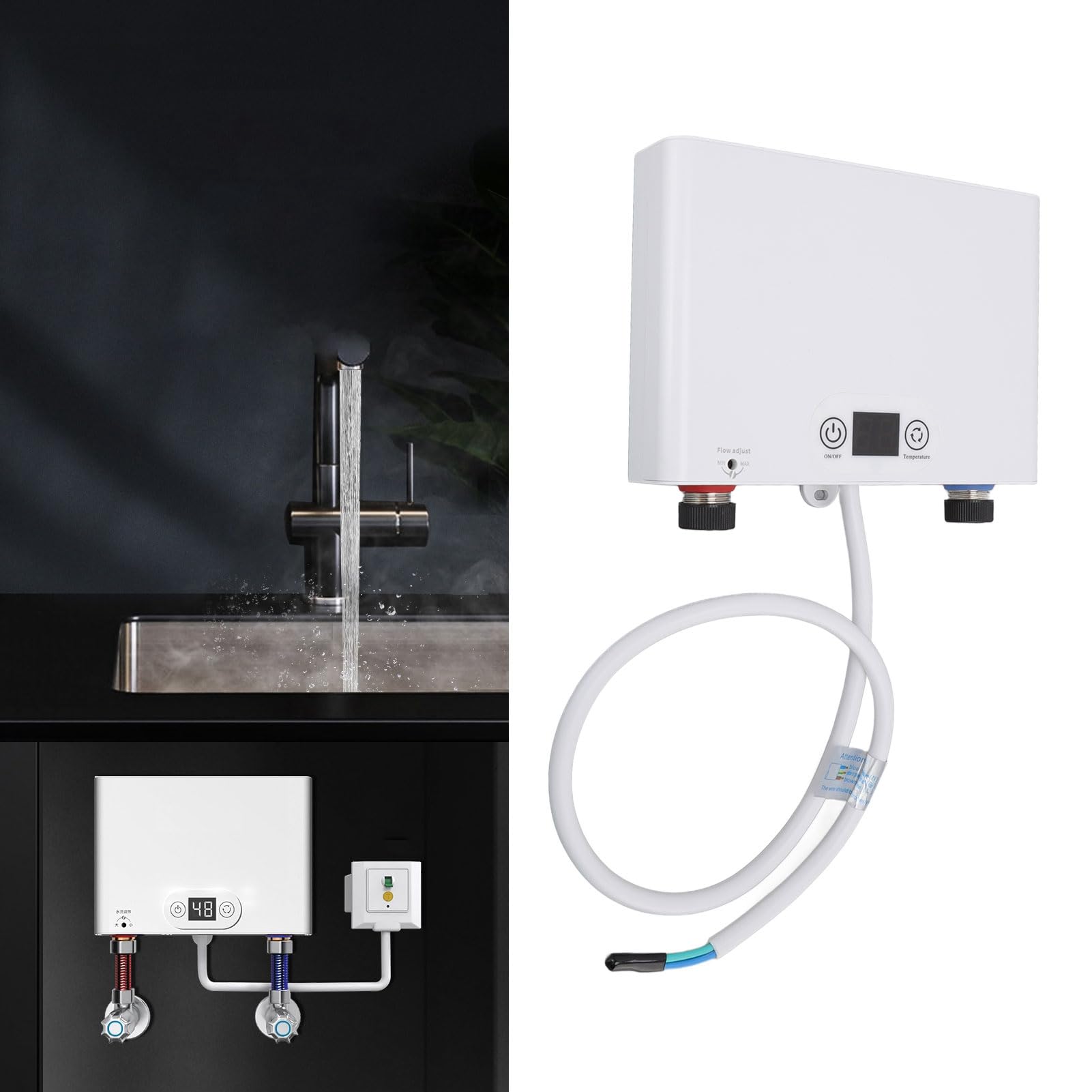 Mxzzand Calentador Agua Instantáneo 5500W, Sin Tanque para Baño/Cocina, Ahorro 50% Energía, Pequeño Instantáneo Eléctrico para Baño