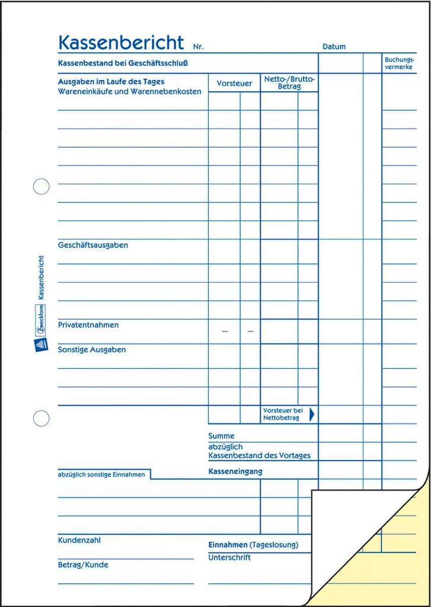 AVERY Zweckform 10 x Formularbuch Kassenbericht A5 vorgelocht 2x50 Blatt mit Ausfüllhilfe