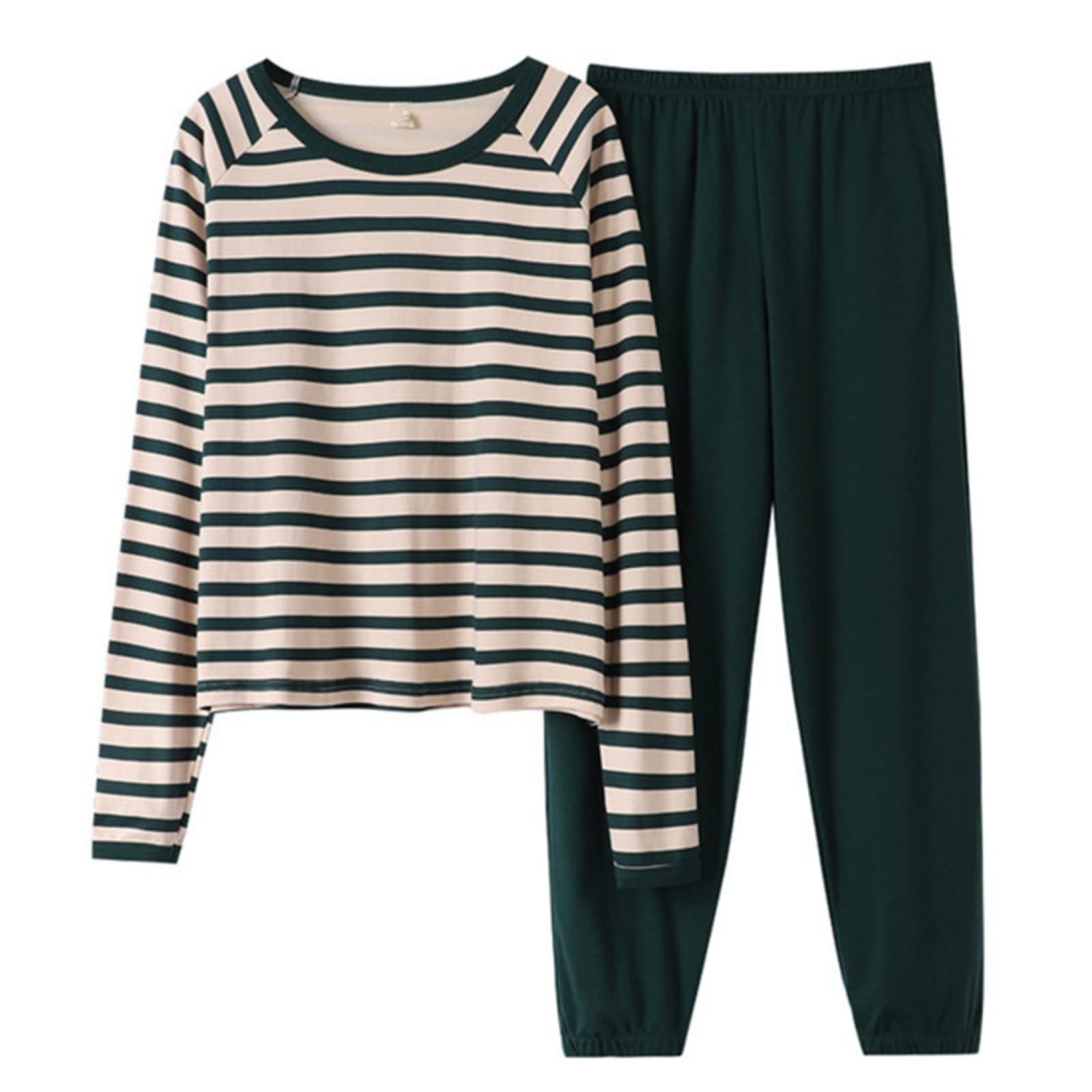 Damen Schlafanzug Pyjama,Frühling Und Winter 100% Baumwolle 2 Stück Damen-Pyjama-Sets, Grün Gestreifter Druck, Lange Ärmel + Hose, Retro-Rundhalsausschnitt, Lässige Homewear, Elegante Pyjama-P