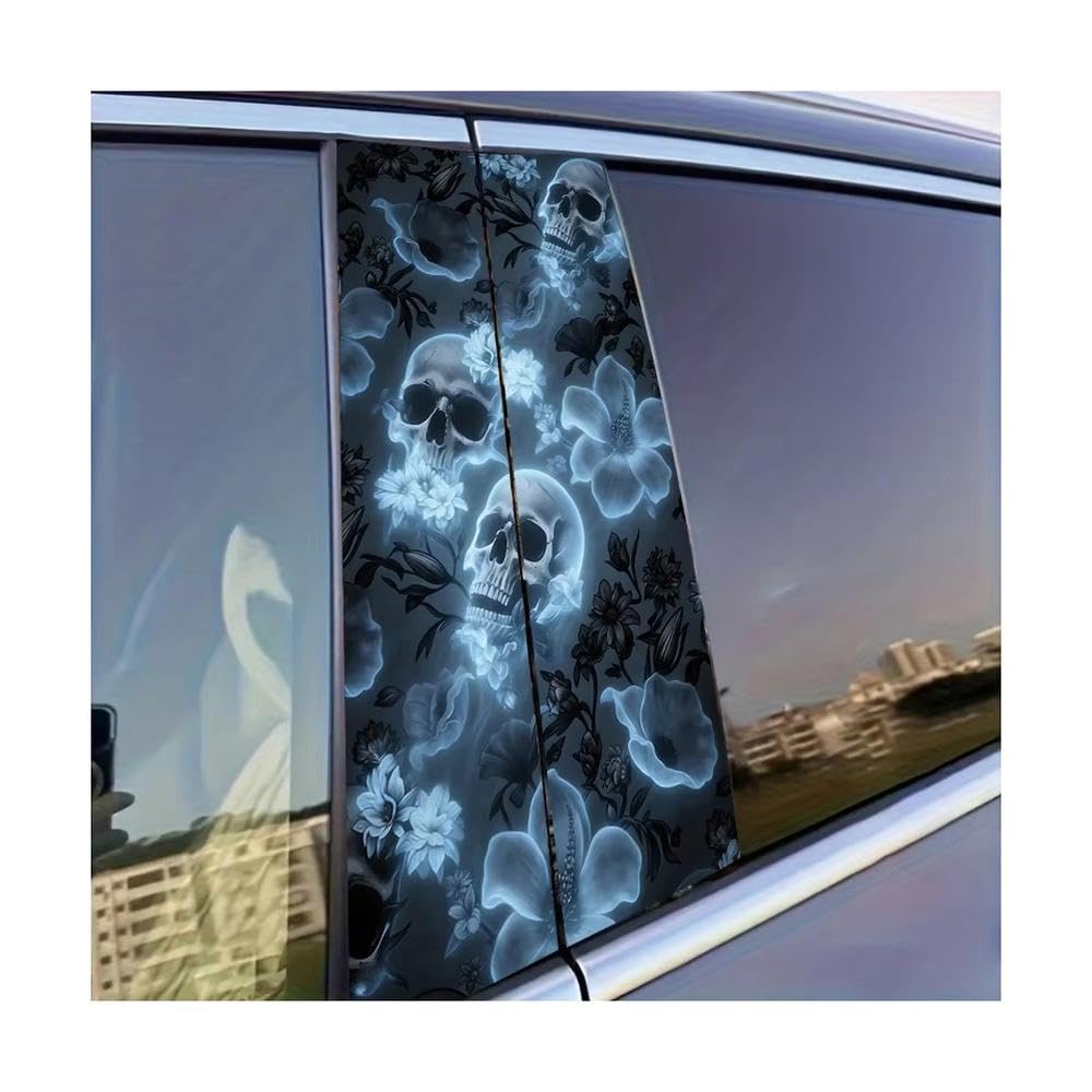 Dabhuoc One Color Car Parts 2Pcs Car Window Pillar Stickers Glowing Skull & Floral Glossy Protective Polyethylene Film