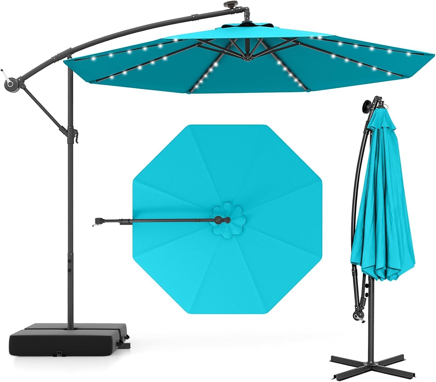 RELAX4LIFE Sombrilla Terraza 3x3m con 40 Luces LED Solar, Sombrilla Inclinable con Base en Cruz, Manivela Manual y 2 Sacos de Arena, Protección Solar, Parasol para Jardín, Terraza y Patio