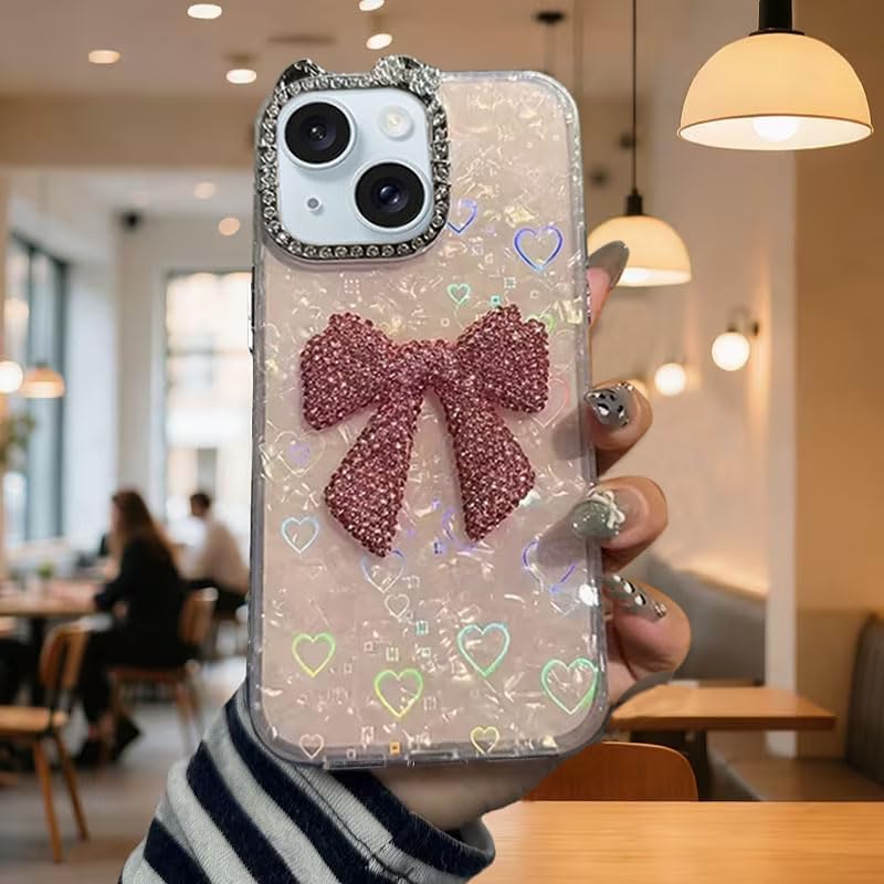 Image of mobistyle Compatible with iPhone 14 Plus | Rhinestone Bow Elegant Heart Shell Pattern and Camera Lens Protection Back Cover Case for Women Girls iPhone 14 Plus (Pink)